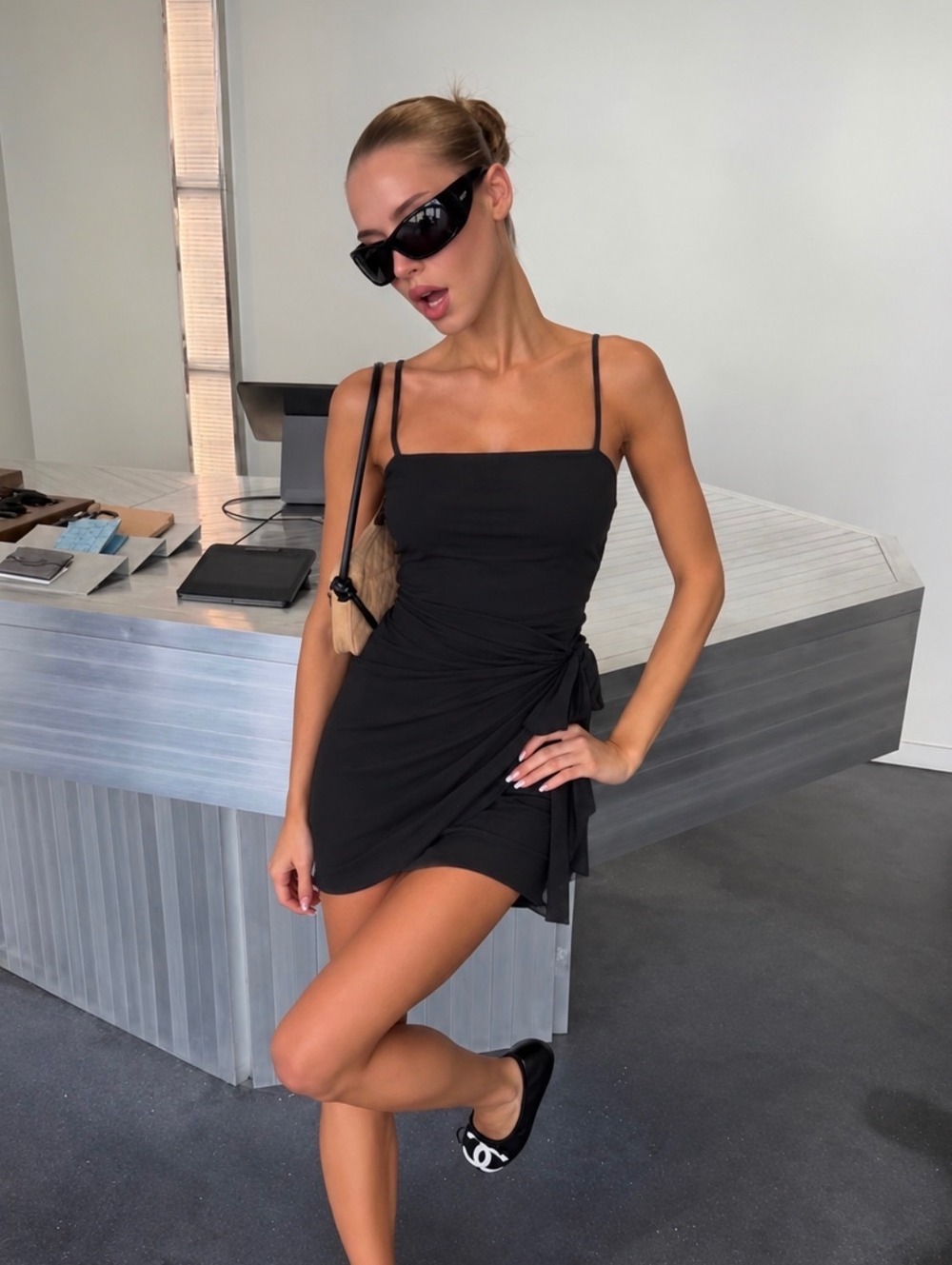 Polly Black Mini Wrap Linen Dress Size 10 Square Neck
